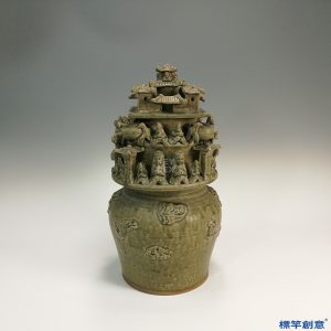 EC005 西晉越窯褐青瓷貼塑樓閣人物穀倉罐魂瓶