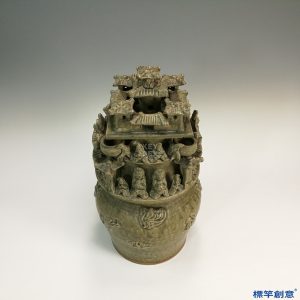 EC005 西晉越窯褐青瓷貼塑樓閣人物穀倉罐魂瓶