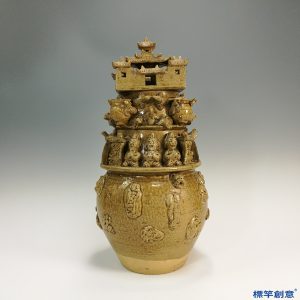EC006 西晉越窯土黃釉貼塑樓閣人物穀倉罐魂瓶