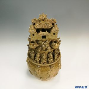 EC006 西晉越窯土黃釉貼塑樓閣人物穀倉罐魂瓶
