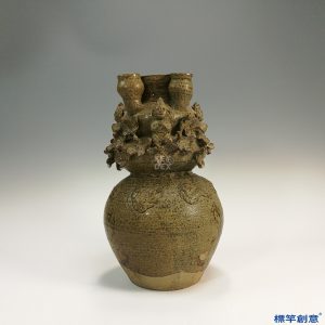 EC008 西晉越窯褐青瓷五鉢貼塑人物穀倉罐魂瓶