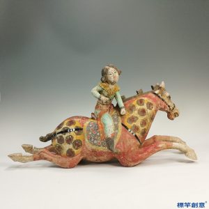 FB001 唐代三彩彩繪奔馬擊球仕女騎俑