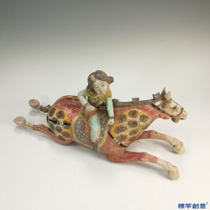 FB001 唐代三彩彩繪奔馬擊球仕女騎俑