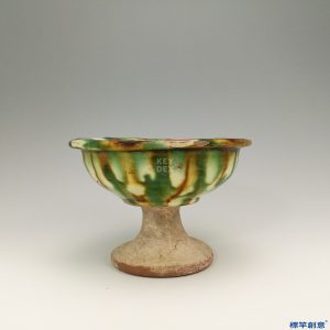 FB003 唐代三彩彩繪折沿豆形高足碗