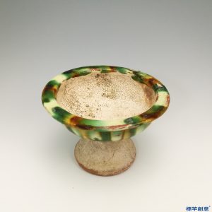 FB003 唐代三彩彩繪折沿豆形高足碗
