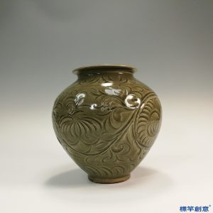 GE004 金代耀州窯褐青瓷刻牡丹紋罐
