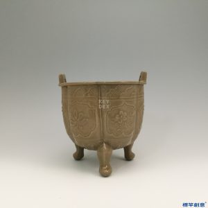 GE009 金代耀州窯土青瓷印花雙耳鼎式香爐