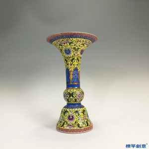 IA015 清代晚期景德鎮窯黃釉琺瑯彩繪仿古瓷觚