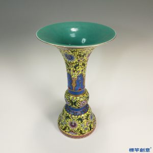 IA015 清代晚期景德鎮窯黃釉琺瑯彩繪仿古瓷觚