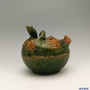 FC084 五代地方窯三彩陶塑雙鳥蓋盒