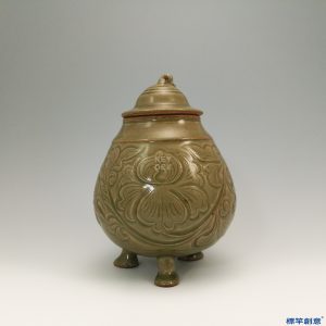 GE014 金代耀州窯褐青瓷刻蓮瓣紋高足供水蓋罐