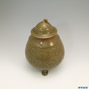 GE014 金代耀州窯褐青瓷刻蓮瓣紋高足供水蓋罐