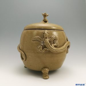 EC016 西晉越窯褐青瓷貼塑雙龍三足蓋罐