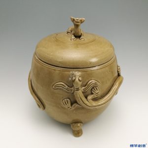 EC016 西晉越窯褐青瓷貼塑雙龍三足蓋罐