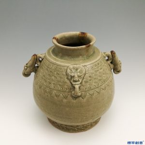 ED006 東晉越窯青瓷刻花獸首四耳罐