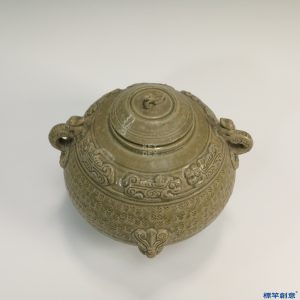 EC015 西晉越窯褐青瓷貼塑獸首龍耳蓋罐