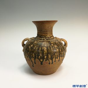 DE019 東漢越窯褐青瓷刻繪鳥紋雙耳罐