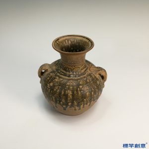 DE019 東漢越窯褐青瓷刻繪鳥紋雙耳罐