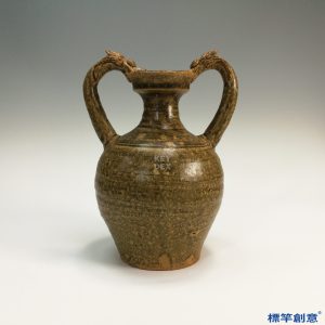 DE014 東漢越窯褐青瓷雙龍耳瓶