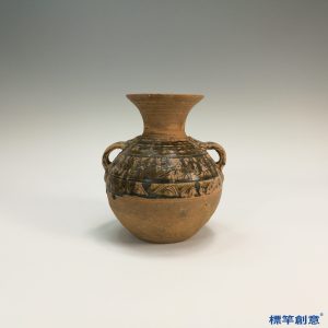 DE016 東漢越窯褐青瓷彩繪紋飾雙耳壺