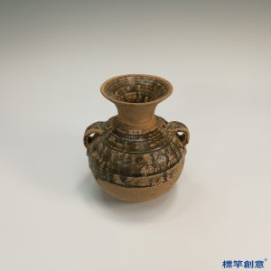 DE016 東漢越窯褐青瓷彩繪紋飾雙耳壺