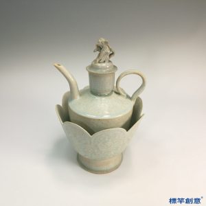 GC077 南宋湖田窯青白瓷獅紐蓋酒壺壺托一套