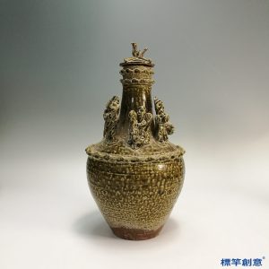 DE017 東漢褐青瓷塑飛鳥人獸陪葬穀倉罐魂瓶