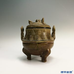 DB011 漢代褐青瓷刻劃三角紋帶蓋鼎式香爐