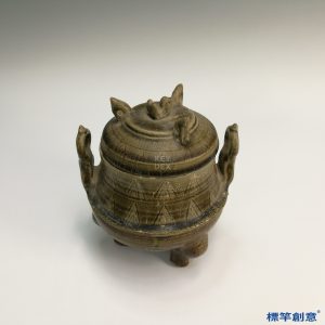 DB011 漢代褐青瓷刻劃三角紋帶蓋鼎式香爐