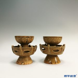 GC082 南宋建寧窯醬釉高足欄杆式油燈一對