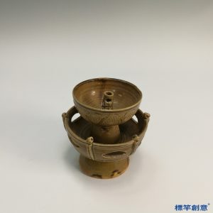 GC082 南宋建寧窯醬釉高足欄杆式油燈一對