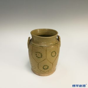 FB043 唐代長沙窯土黃釉點青花釉裡紅繪連珠紋雙耳罐