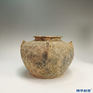 CB009 戰國時期灰陶印紋方格紋雙耳罍