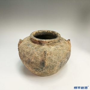 CB009 戰國時期灰陶印紋方格紋雙耳罍