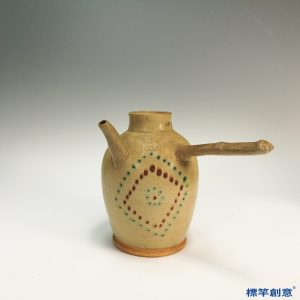 FB035 唐代長沙窯米黃釉點青花釉裡紅單柄急須壺