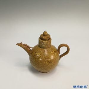 FB029 唐代當陽峪窯黃釉絞胎帶蓋執壺