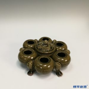 EB010 晉代越窯醬釉獸足多口筆硯合洗
