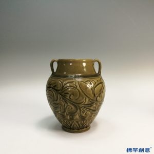 GB062 北宋耀州窯褐青瓷刻纏枝紋雙繫罐