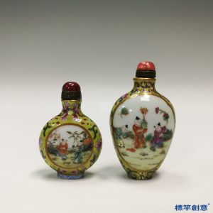 IA041 清代乾隆景德鎮官窯粉彩繪嬰戲紋鼻煙壺一對