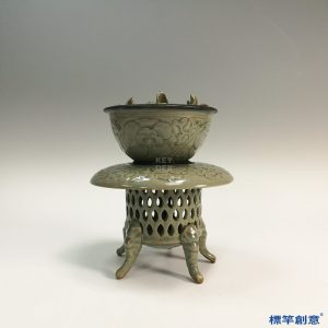 KK033 北宋耀州窯青瓷刻唐草紋復層鏤空薰香爐