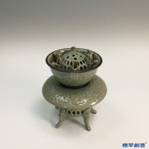 KK033 北宋耀州窯青瓷刻唐草紋復層鏤空薰香爐