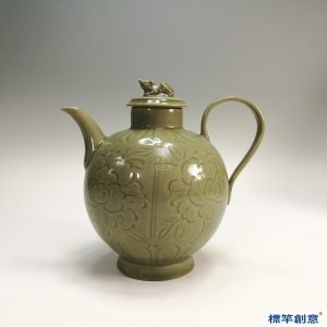 FC030 五代越窯祕色瓷刻纏枝花卉獸鈕執壺