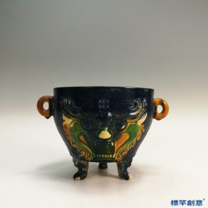 FB047 唐代藍釉三彩獸面紋雙耳香爐