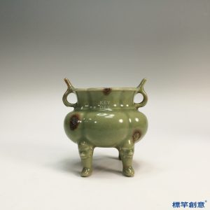 HA078 元代龍泉窯粉青釉點褐彩四足鼎式香爐
