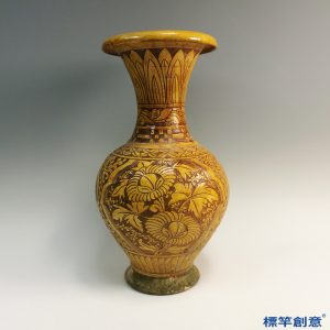 GA063 宋代淄博窯黃褐釉剔刻纏枝花卉紋觀音尊