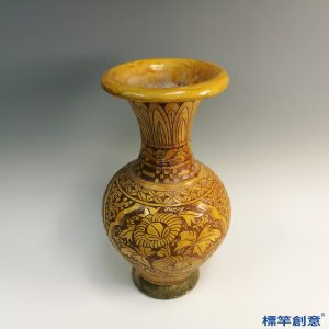 GA063 宋代淄博窯黃褐釉剔刻纏枝花卉紋觀音尊