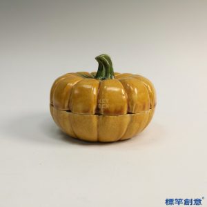 FB090 唐代鞏義窯黃釉綠彩南瓜形蓋盒