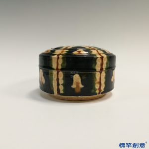 FB100 唐代瓷義窯藍釉三彩彩繪聯珠紋化妝盒