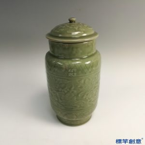 HA086 元代龍泉窯青瓷刻蓮花卷草紋壯罐