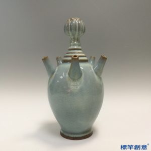 GA066 宋代鈞窯天藍釉蓮花口弦紋五管瓶花插